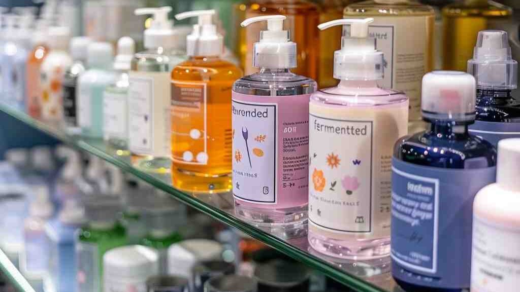 shelves of natural shampoos in the market.