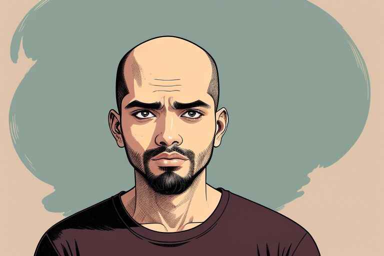 an illustration of a young Indian bald guy standing in front of the mirror, recognize severe hair loss or androgenetic alopecia.