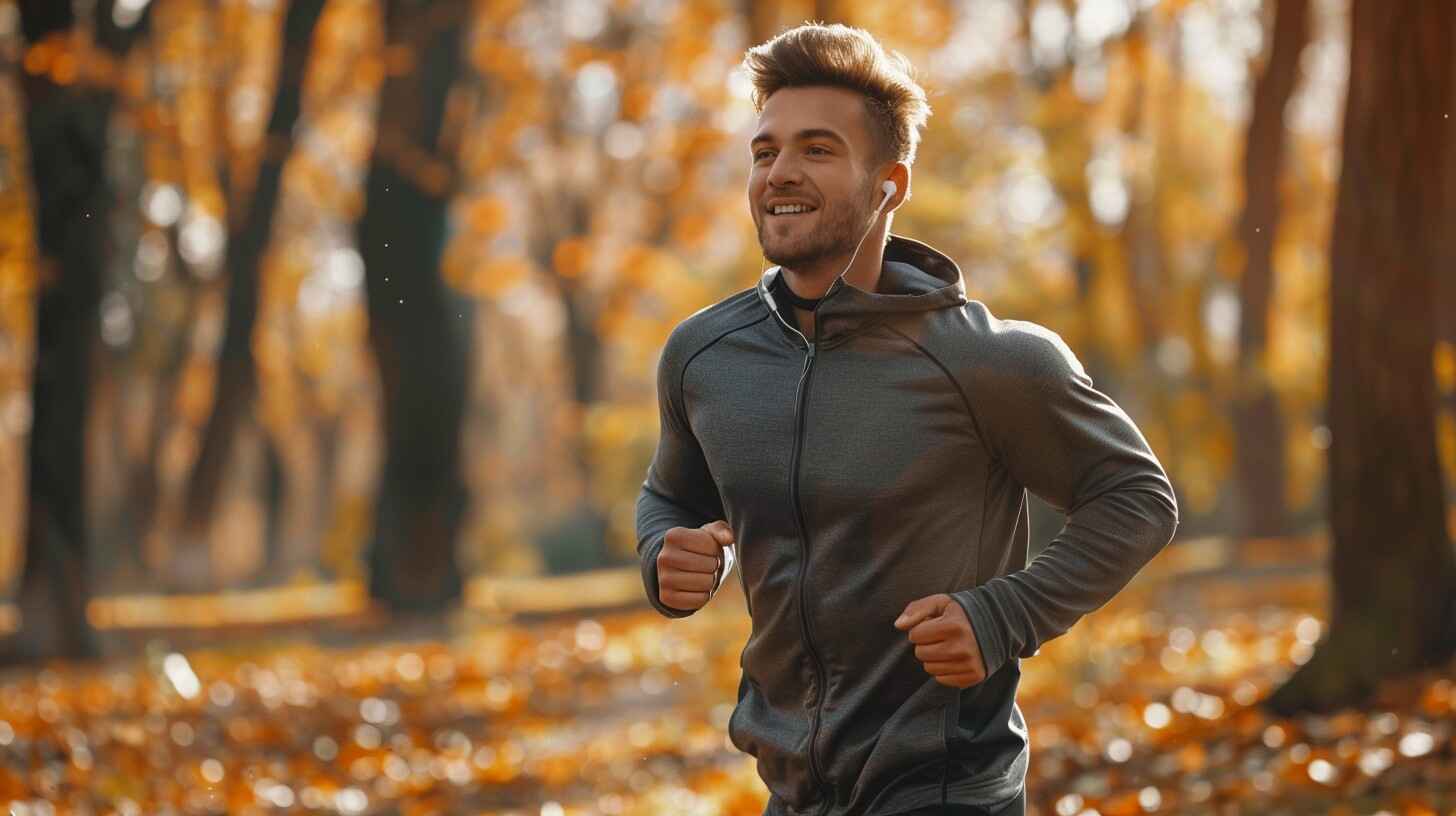 A happy and joyful guy going for jogging during autumn season, how exercise helps in hair growth.