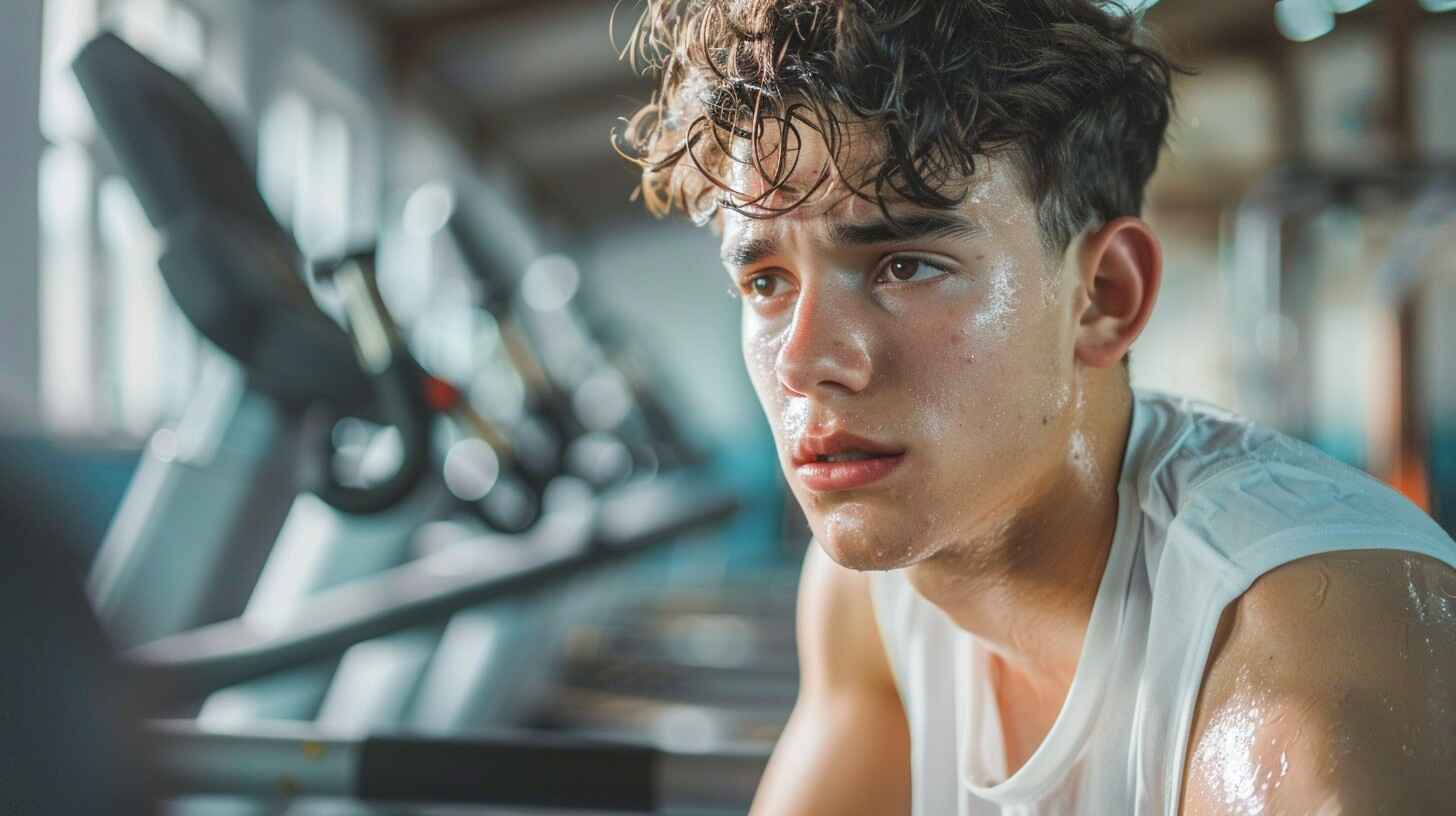 exercises that improve hair health, a young guy sweating after the exercise, post-workout man's image.